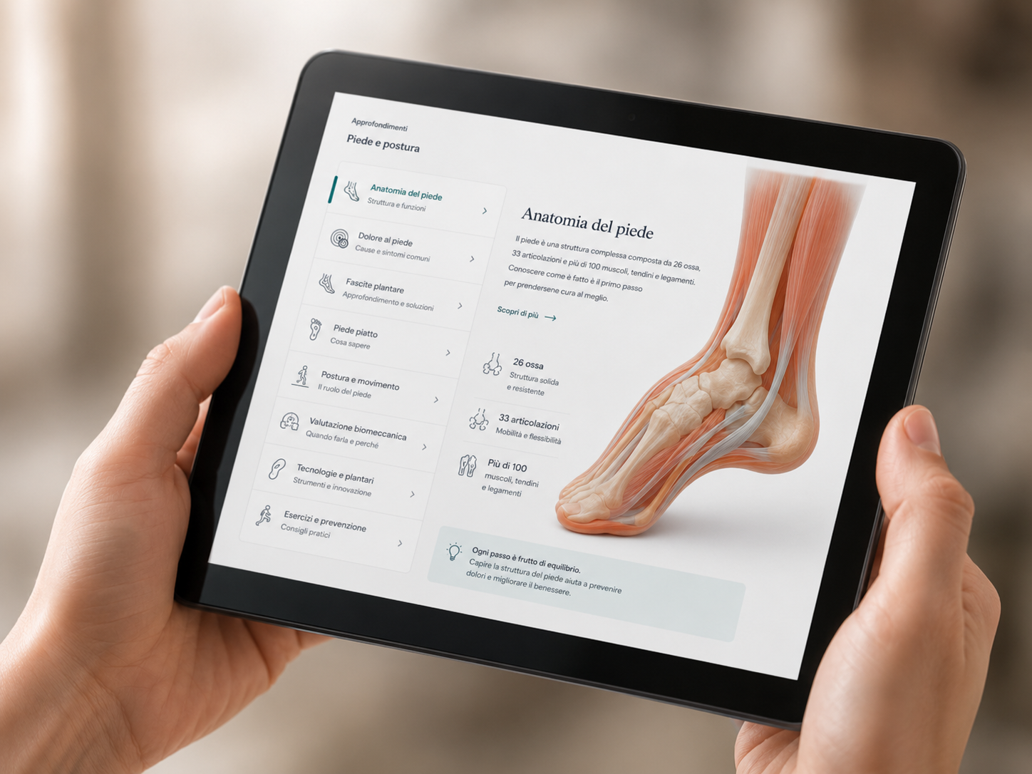 Tablet con la mappa del piede per orientarsi tra i contenuti
